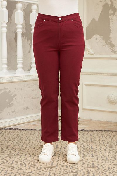 RMG Plus Size Burgundy Cotton Trousers with Elastic Waist