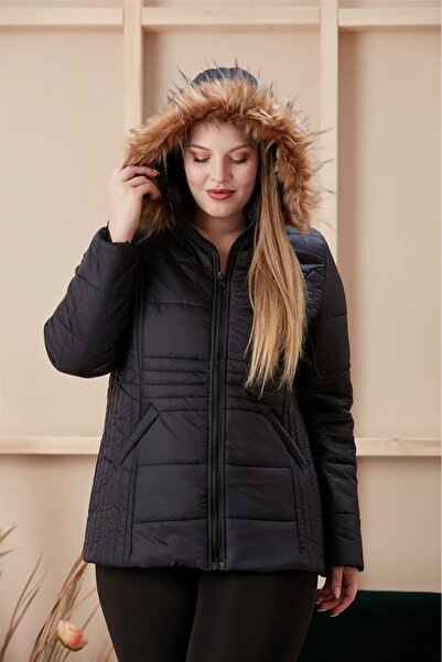 RMG Kapşonlu Büyük Beden Siyah Kapitone Mont