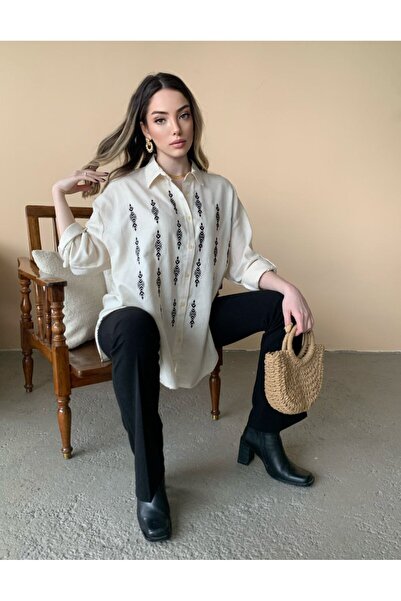 BAJAR OWERSİZE NAKIŞLI KETEN GÖMLEK