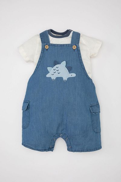 DeFacto 2-teiliges Set mit Dinosaurier-Aufdruck für Babys – Popeline-Kurzarm-T-Shirt und Salopet C2805a524sm