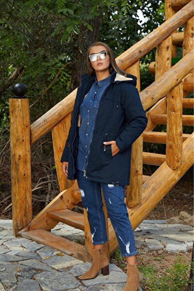 RMG Bel Bağcık Detaylı Kapşonlu Büyük Beden Lacivert Kaban