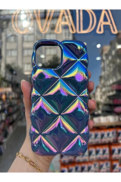 OVADA iPhone 15 Pro Uyumlu Hologramlı Kamera Korumalı Kabartmalı Şişme Kılıf