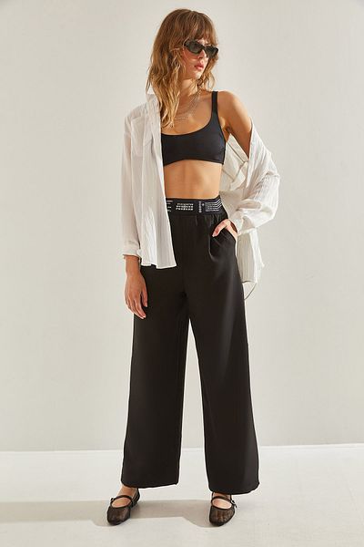 Bianco Lucci Women's Palazzo Trousers - Elastic Waist, Pocket Detail, Hidden Zipper60251152