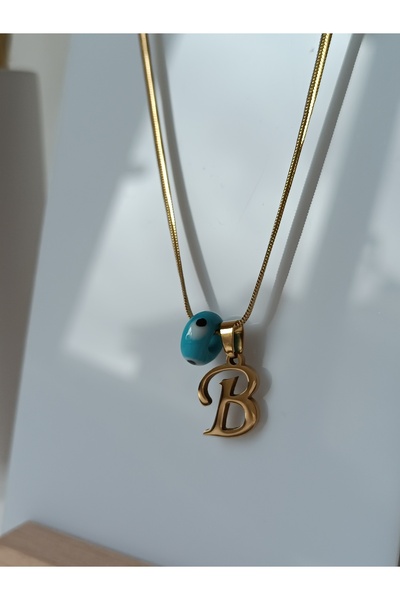 La fee aksesuar B - Harf Çelik Kolye Nazar Boncuklu