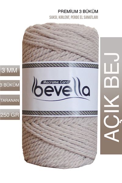 Bevella Macrame Cord Premium ανοιχτό μπεζ βαμβακερό μακραμέ - 3 Twist, 3 mm, 250 gr Twisted