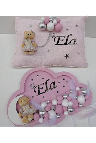 LARA küçük dükkan atolyesi Bebek Kapı Süsü Ledli Işıklı Pembe Yastıksız