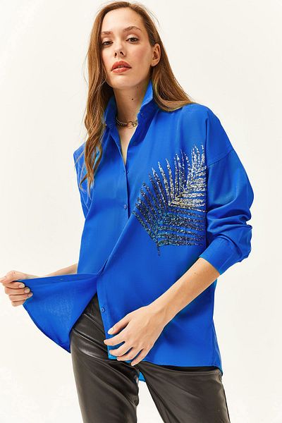 Olalook Damen-Hemd aus übergroßem, gewebtem Popeline von Saks mit blauen Palmen-Paillettendetails und Details GML-19001016