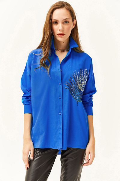 Olalook Damen-Hemd aus übergroßem, gewebtem Popeline von Saks mit blauen Palmen-Paillettendetails und Details GML-19001016