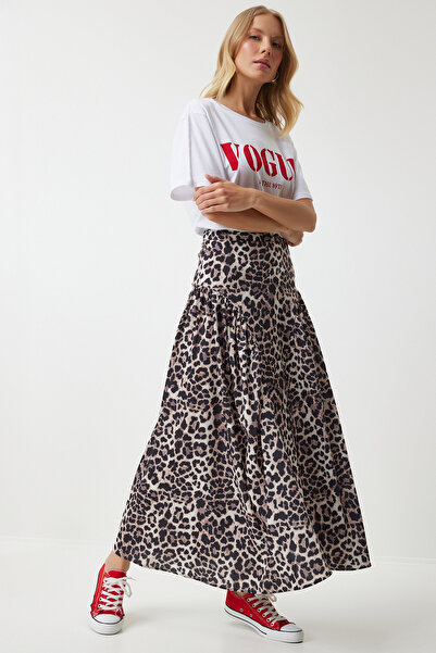 Happiness İstanbul Fekete bézs leopárd mintás, bolyhos női poplin nyári szoknya UL00026