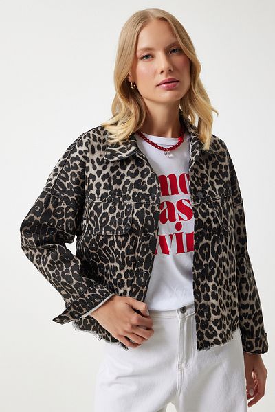 Happiness İstanbul Dunkelbeige-schwarze Jeansjacke mit Leopardenmuster für Damen - VC00007