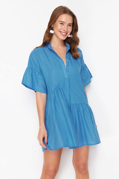 Trendyol Collection Saks Wide Fit Mini Woven Ruffle Beach Dress TBESS20EL0873