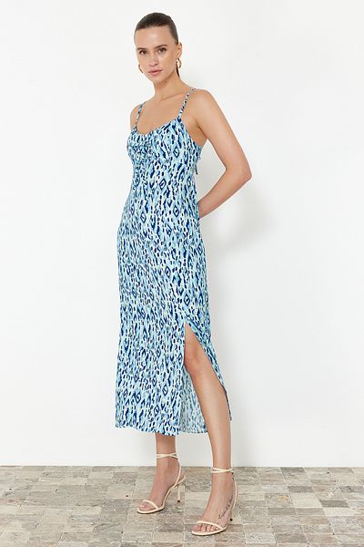 Trendyol Collection Blue Floral Patterned Straight Cut Slit Detail Viscose Strap Midi Dress TWOSS23EL02085