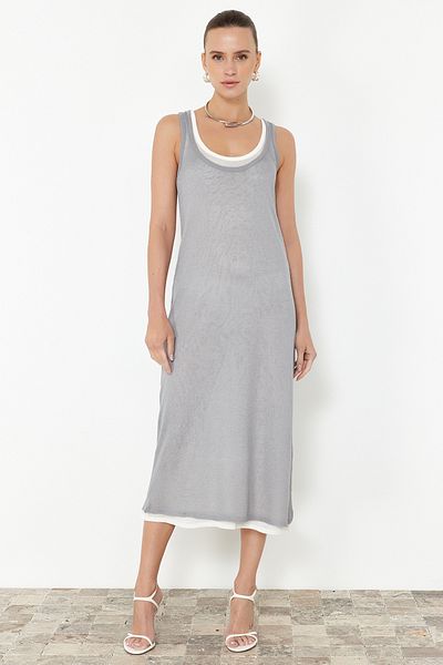 Trendyol Collection Szürke, egyenes Shift kétrétegű egylapos maxi ruha TWOSS24EL00969