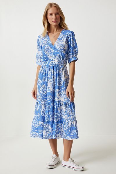 Happiness İstanbul Blaues Sommerkleid aus Viskose mit Wickelkragen und Blumenmuster - RV00128