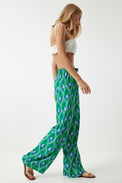 Happiness İstanbul Zelenomodré vzorované viskózové dámské kalhoty Palazzo - EN00606