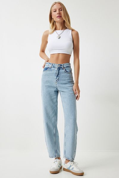 Happiness İstanbul Pantaloni largi de damă, albastru gheață, cu talie înaltă UT00006