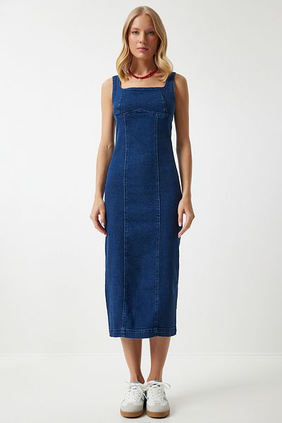 Happiness İstanbul Rochie midi din denim albastră cu fermoar pentru femei OK00061