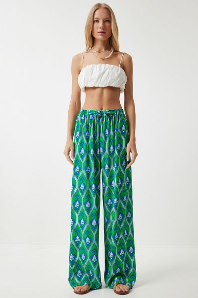 Happiness İstanbul Grün-blau gemusterte Palazzo-Hose aus Viskose für Damen - EN00606