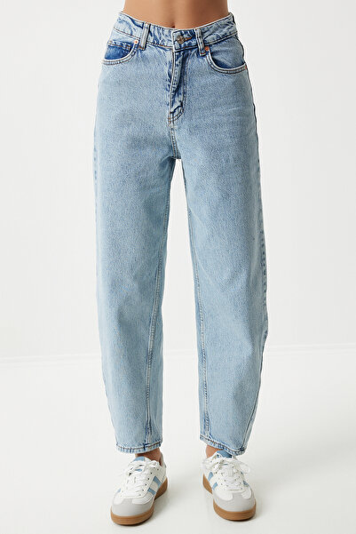 Happiness İstanbul Dámské ledově modré pytlovité džínové kalhoty s vysokým pasem UT00006