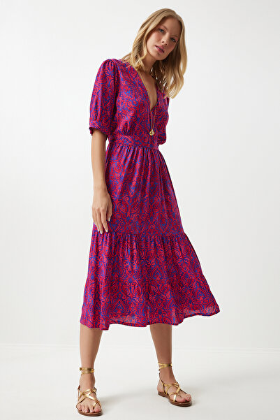 Happiness İstanbul Sötét rózsaszín virágmintás viszkóz nyári ruha - becsomagolt gallér RV00128