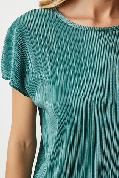 Happiness İstanbul Green Pleated Comfortable Women's Blouse and Trousers Set - MC00283