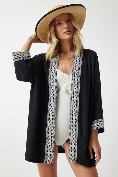 Happiness İstanbul Schwarzer bestickter Crinkle-Kimono für Damen DD01101