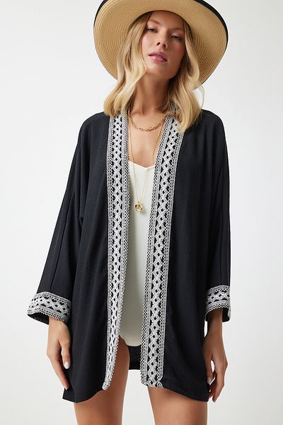 Happiness İstanbul Schwarzer bestickter Crinkle-Kimono für Damen DD01101