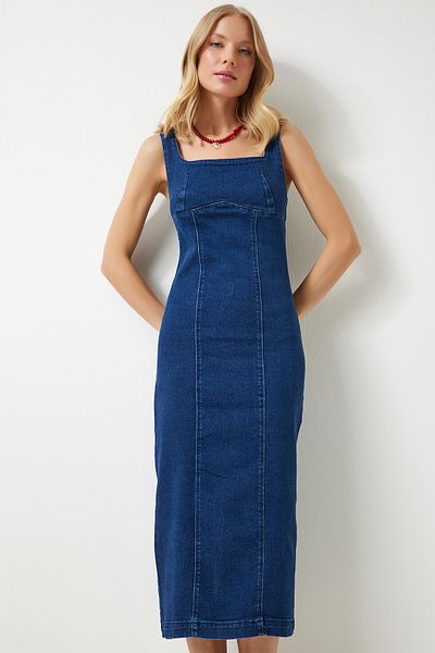 Happiness İstanbul Rochie midi din denim albastră cu fermoar pentru femei OK00061