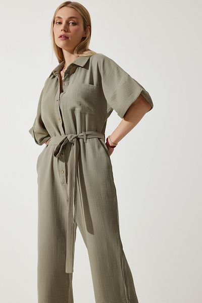 Happiness İstanbul Khakifarbener Jumpsuit aus hochwertigem Musselin – mit Gürtel, Damen, RG00029