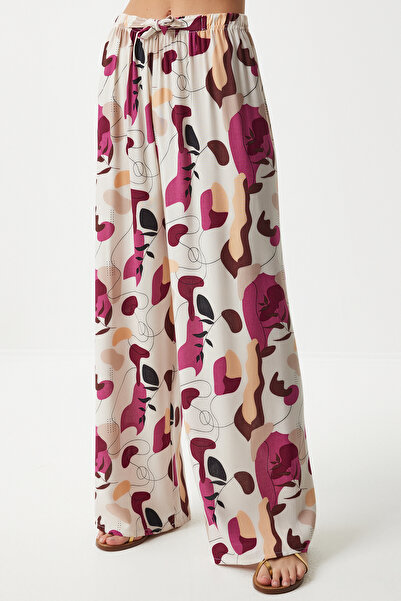 Happiness İstanbul Γυναικείο παντελόνι Palazzo με μοτίβο από δαμάσκηνο με ντραπέ βισκόζη EN00606