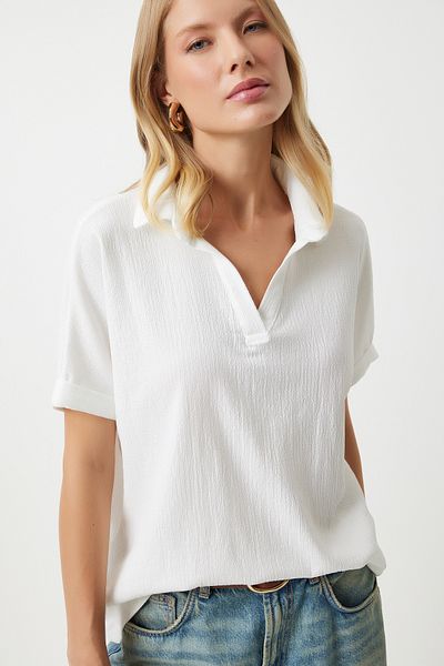 Happiness İstanbul Dámská pletená blůza Ecru Polo Neck DD01299