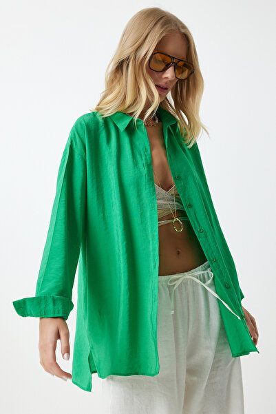 Happiness İstanbul Zöld lenvászon túlméretes ing - hosszú Ayrobin TO00141