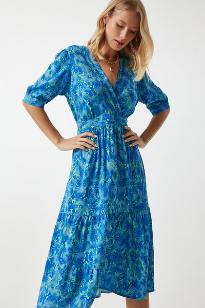 Happiness İstanbul Rochie de vară din viscoză cu model floral albastru verde - guler înfășurat RV00128