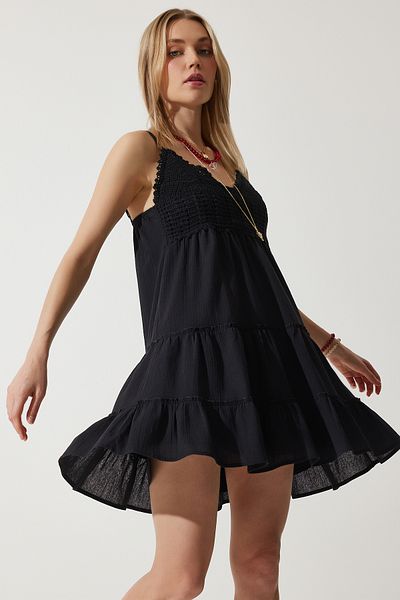Happiness İstanbul Black Laced Mini Summer Dress - Strappy Flared RV00192