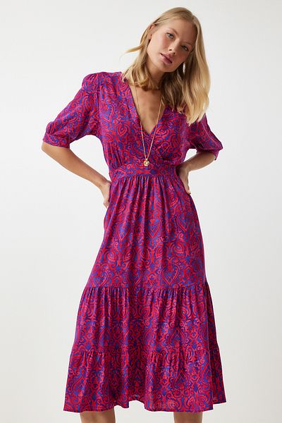 Happiness İstanbul Dunkelrosa Sommerkleid aus Viskose mit Blumendruck und Wickelkragen RV00128