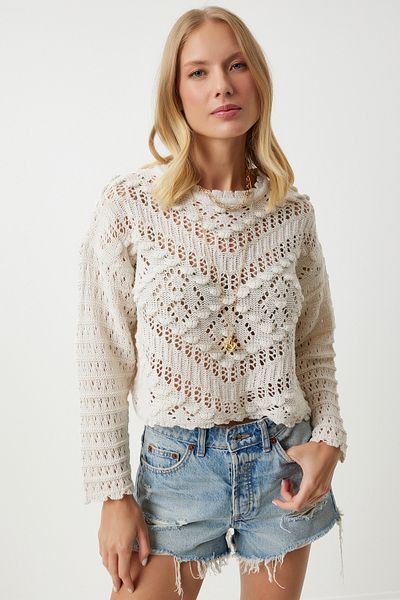 Happiness İstanbul Sommerlicher Strickpullover mit U-Boot-Ausschnitt und durchbrochener Stickerei