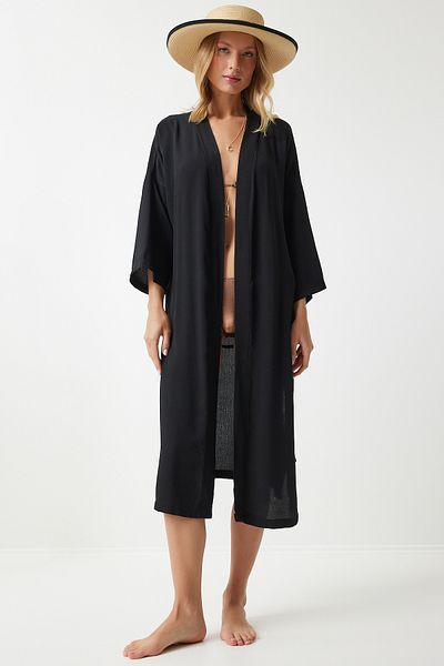 Happiness İstanbul Dámské kimono Black Belted Crinkle DD00958