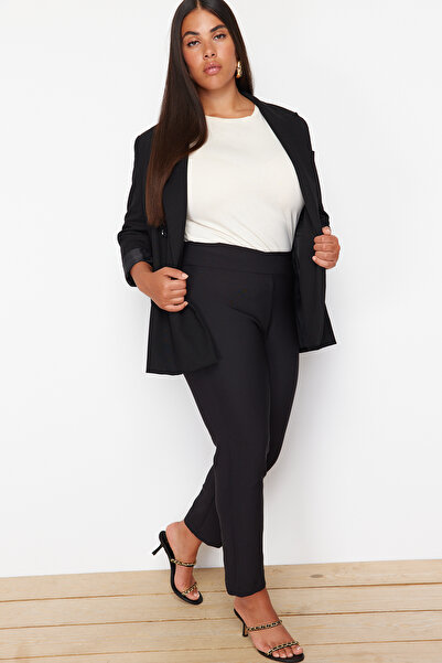 Trendyol Curve Large Size Black Cigarette Pants - Ribbed and Waist Detailed TBBSS24AR00047