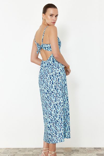 Trendyol Collection Blue Floral Patterned Straight Cut Slit Detail Viscose Strap Midi Dress TWOSS23EL02085