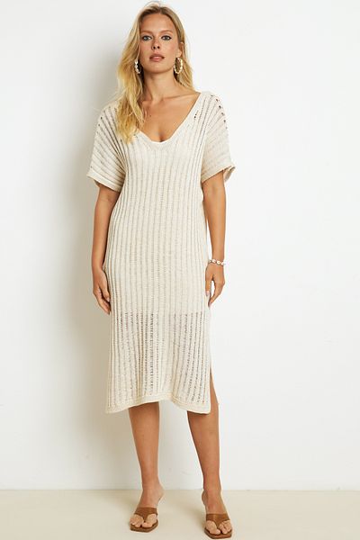 Cool & Sexy Ecru Glitter Knitwear Midi Women's Dress - Lined ET04