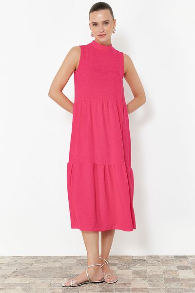 Trendyol Collection Φούξια Claret Κόκκινο ίσιο γιακά με υφαντό φόρεμα Midi Aerobin TWOSS20EL1864