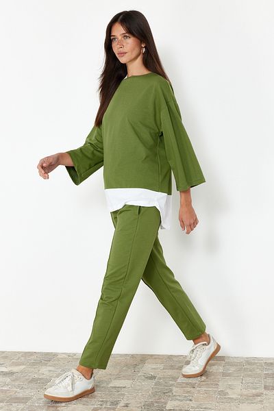 Trendyol Collection Khaki Knitted Blouse and Trousers Set - Relaxed Fit, Woven Garni Detail, TWOSS24AU00069