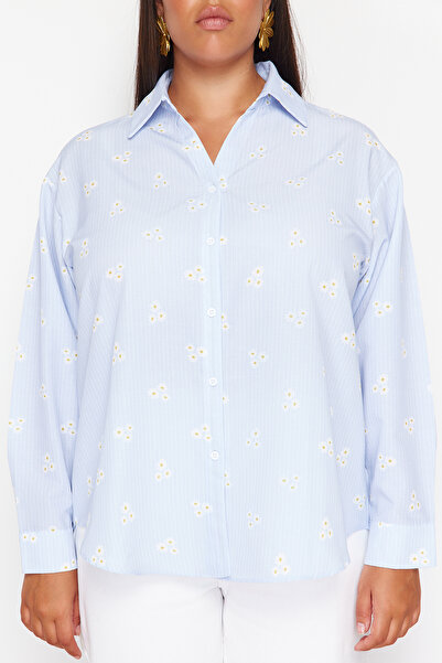 Trendyol Curve Modrá pruhovaná bavlnená bavlnená košeľa nadmernej veľkosti TBBSS24AX00038