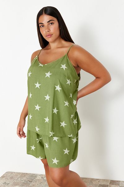 Trendyol Curve V-Neck Mint Woven Pajama Set - Star Pattern TBBSS24AI00064