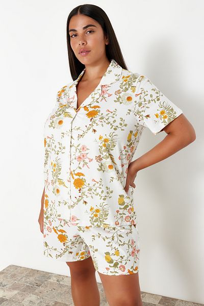 Trendyol Curve Colorful Flower Patterned Shirt Collar Sleepwear Set - TBBSS24AI00134