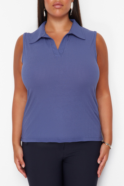 Trendyol Curve Blue Fitted/Fitted Polo Neck Stretch Knitted Blouse TBBSS24AF00065