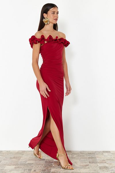 Trendyol Collection Hosszú piros kötött estélyi ruha - TPRSS24AE00082
