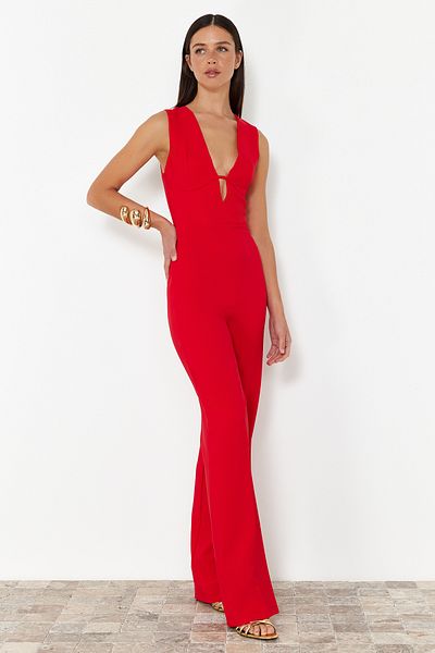 Trendyol Collection Széles lábú piros szőtt overál - béleletlen TPRSS24TU00008