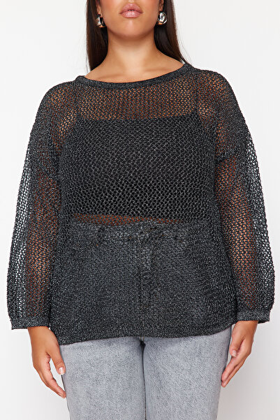 Trendyol Curve Μαύρο Glitter Boat Lack Openwork/Hole Knitwear πουλόβερ TBBSS24AN00006