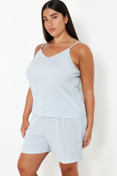 Trendyol Curve Set pijamale tricotate cu dungi albastre - curea subțire TBBSS24AI00142